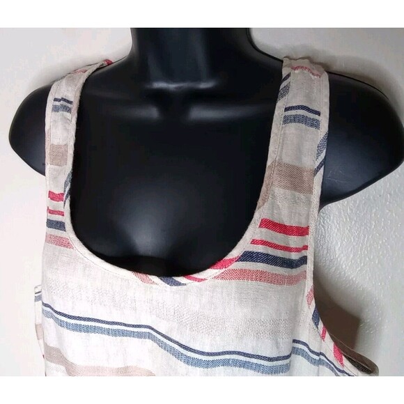 Hinge Women Dress Beige Striped 100% Linen Sleeveless Mini Waist Drawstring Sz 1 - Picture 8 of 11